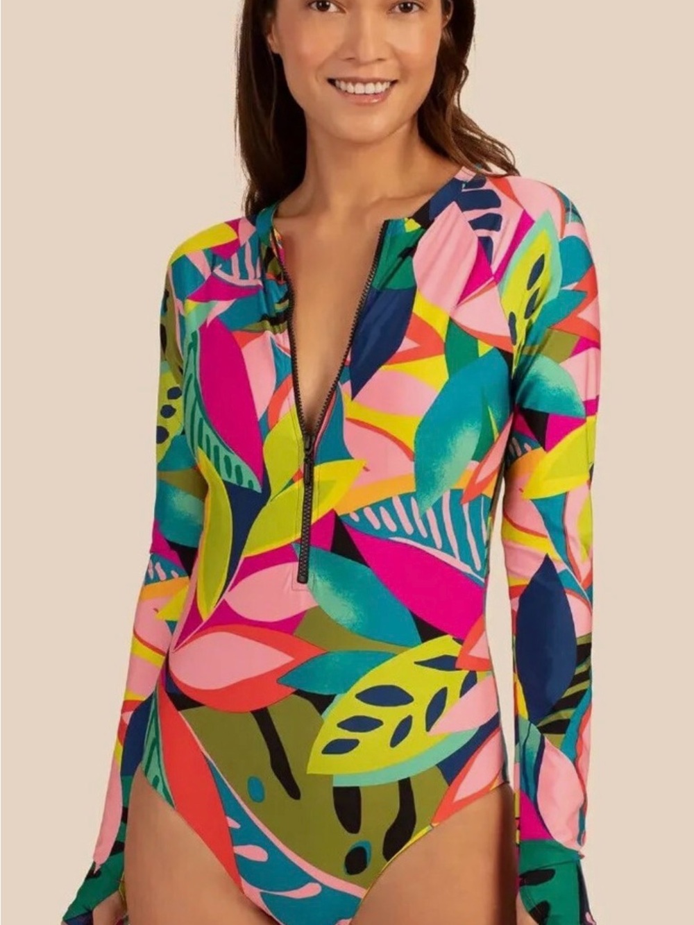 Trina Turk Multi Floral Zip-Front Long Sleeve One-Piece - Pink, Teal, Lime, Navy